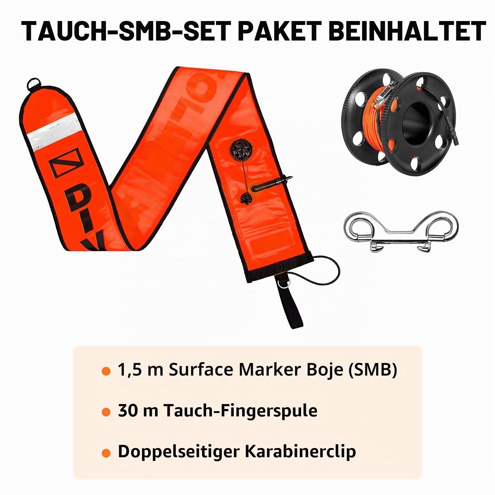 SMB Tauchflächenmarkierungsboje (SMB), Signalrohr-Sicherheitswurst mit 30 m Aluminiumspule und doppelendigem Hakenclip für Unterwasser-Tauchen, Schnorcheln (1,5 m, Orange SMB + schwarze Spule)