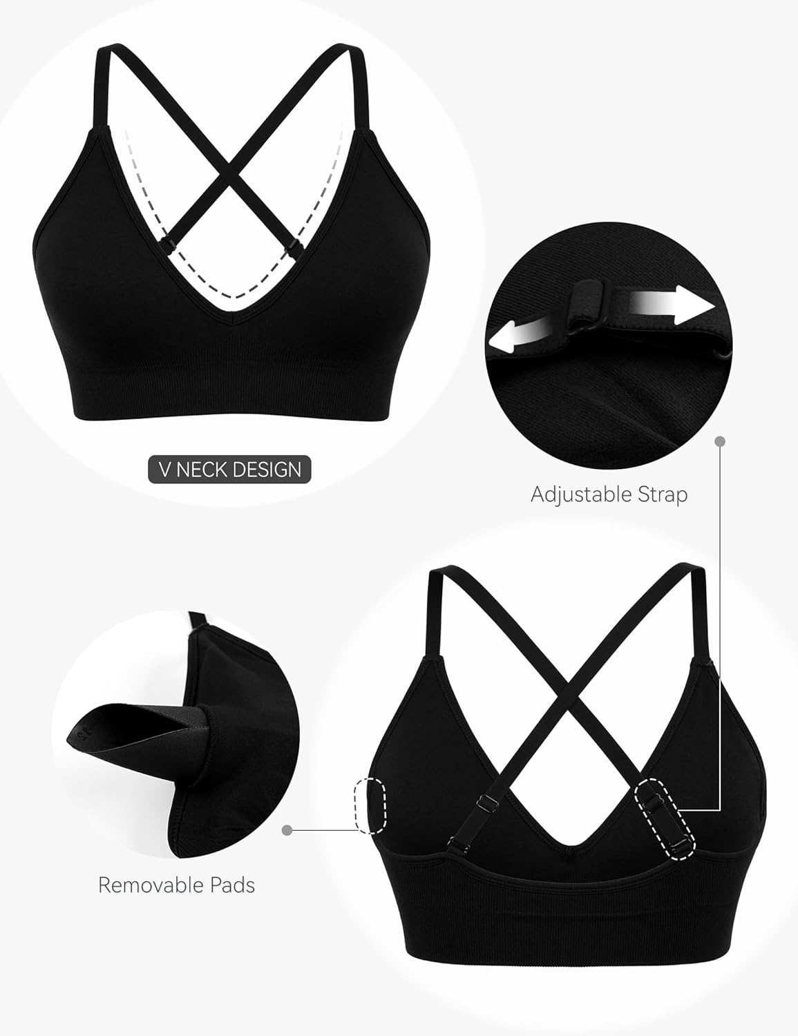 V-Neck Sports Bra for Women Adjustable Strappy Yoga Bra Spaghetti Strap Padded Workout Bra S-XL Low Impact Seamless Bralettes