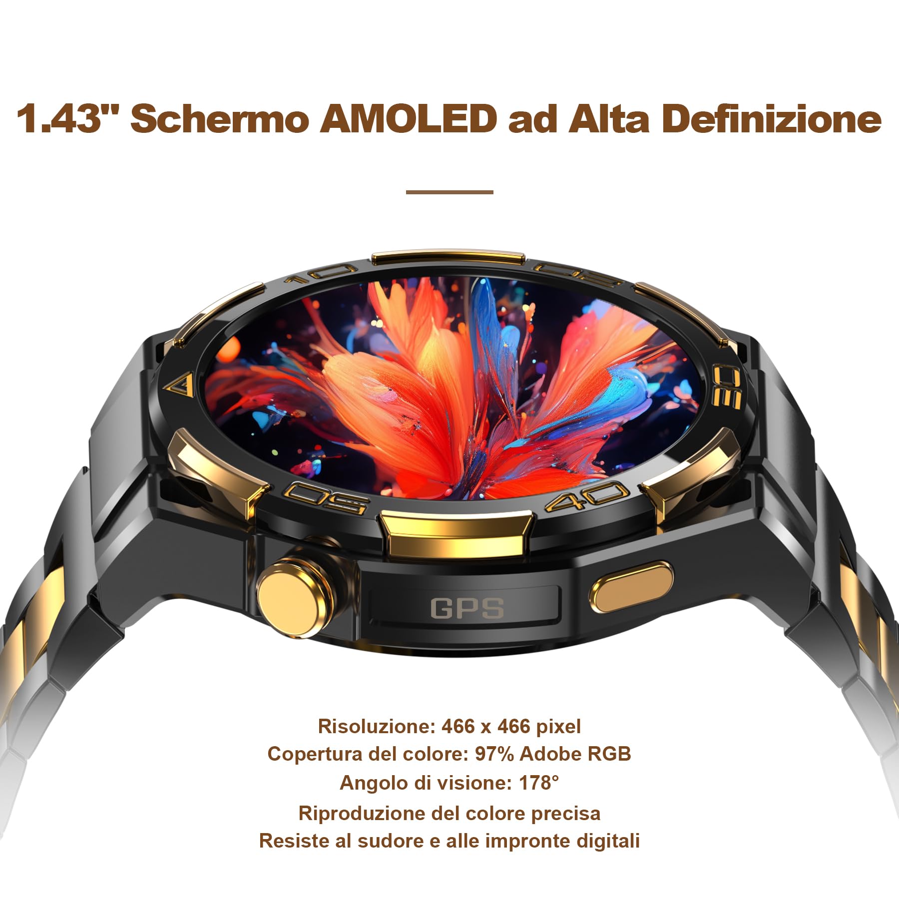 Smartwatch con GPS, AI, Torcia, Bussola, Display AMOLED 1,43" Always-On, Smartwatch Uomo con Notifiche e Chiamate Bluetooth, 120+ Modalità Sportive, Orologio Intelligente Compatibile con Android e IOS