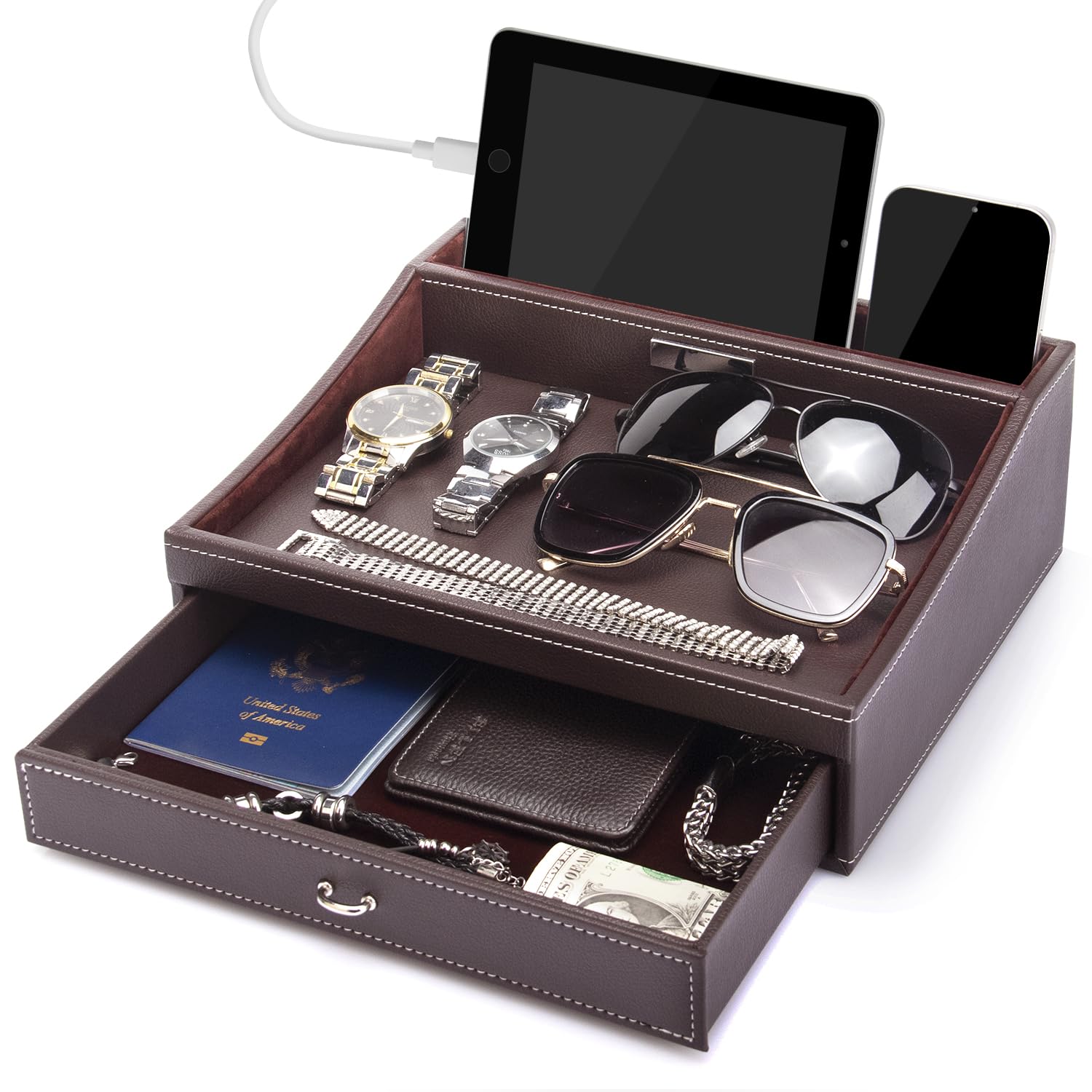 Photo 1 of ***MINOR DAMAGE SEE COMMENTS***Baoyun Fathers Day Nightstand Organizer for Men, Mens Jewelry Box, Mens Dresser Organizer Countertop, Large Capacity Leather Valet Tray for Phones Pad Wallet Key Birthday Gifts for Men