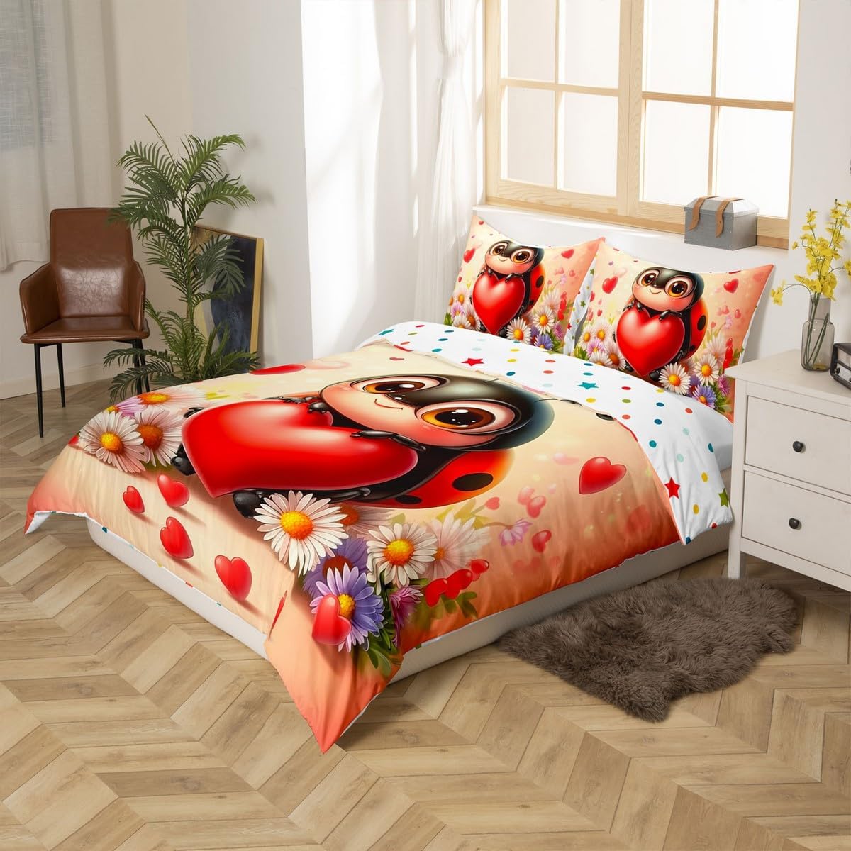 Erosebridal Toddler Size Ladybug Comforter Cover Cute Cartoon Ladybird Duvet Cover for Kids Boys Girls,Red Romantic Love Heart Bedding Set Spring Daisy Rustic Wild Flowers Bed Set