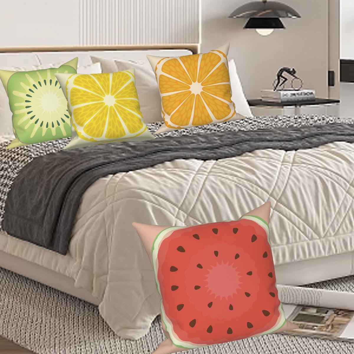 Summer Fruit Throw Pillow Covers 24''x24'' Set of 4, Lemon Watermelon Kiwifruit Orange Pillowcase Colorful Printed Cushion Covers for Couch Sofa Bedroom Farmhouse Garden Patio Decorative