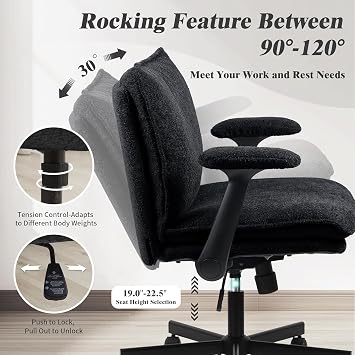 Kassipo Criss Cross Legged Office Chair with Wheels and Flip-Up Arms, Upholstered Criss Cross Desk Chair, Wide Seat Chairs for Home Office, Vanity, Apartment, Black