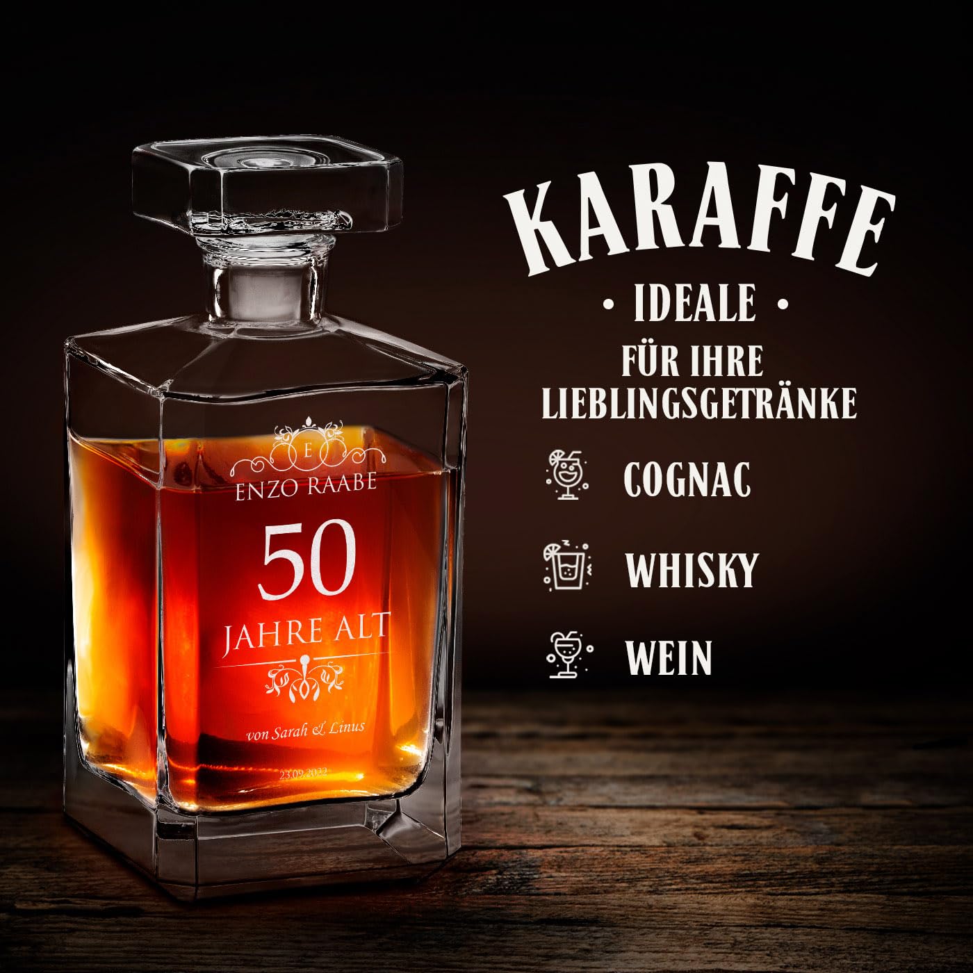 Maverton Whiskey Karaffe + 4 / 6er Whiskygläser Set mit Gravur - 700ml Whisky Dekanter - Geschenk zum Geburtstag für Damen - Weihnachtsgeschenke - Jahre alt
