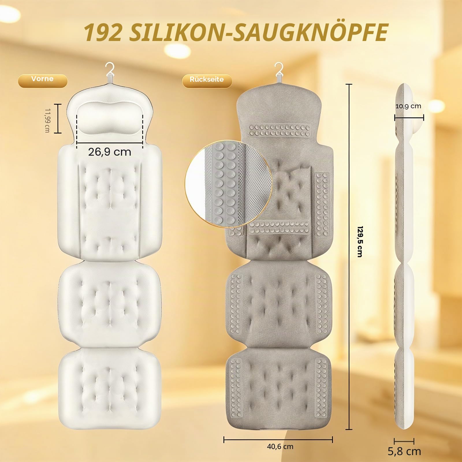 Badewannenkissen Ganzkörper Badekissen, Dickes Badewannenkissen mit Wäschesack, luxuriöses Kissen für Badewanne Kopfstütze Nacken Schulter Unterstützung Entspannung Spa Zubehör (Weiß, 129,5 x 40,6 cm)