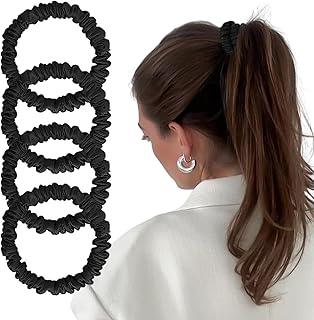 Mulberry Silk Scrunchies 4 Pack - Non Slip, Black Small Thin Silk Scrunchies for Women, Sleepy Ties for Thick Hair