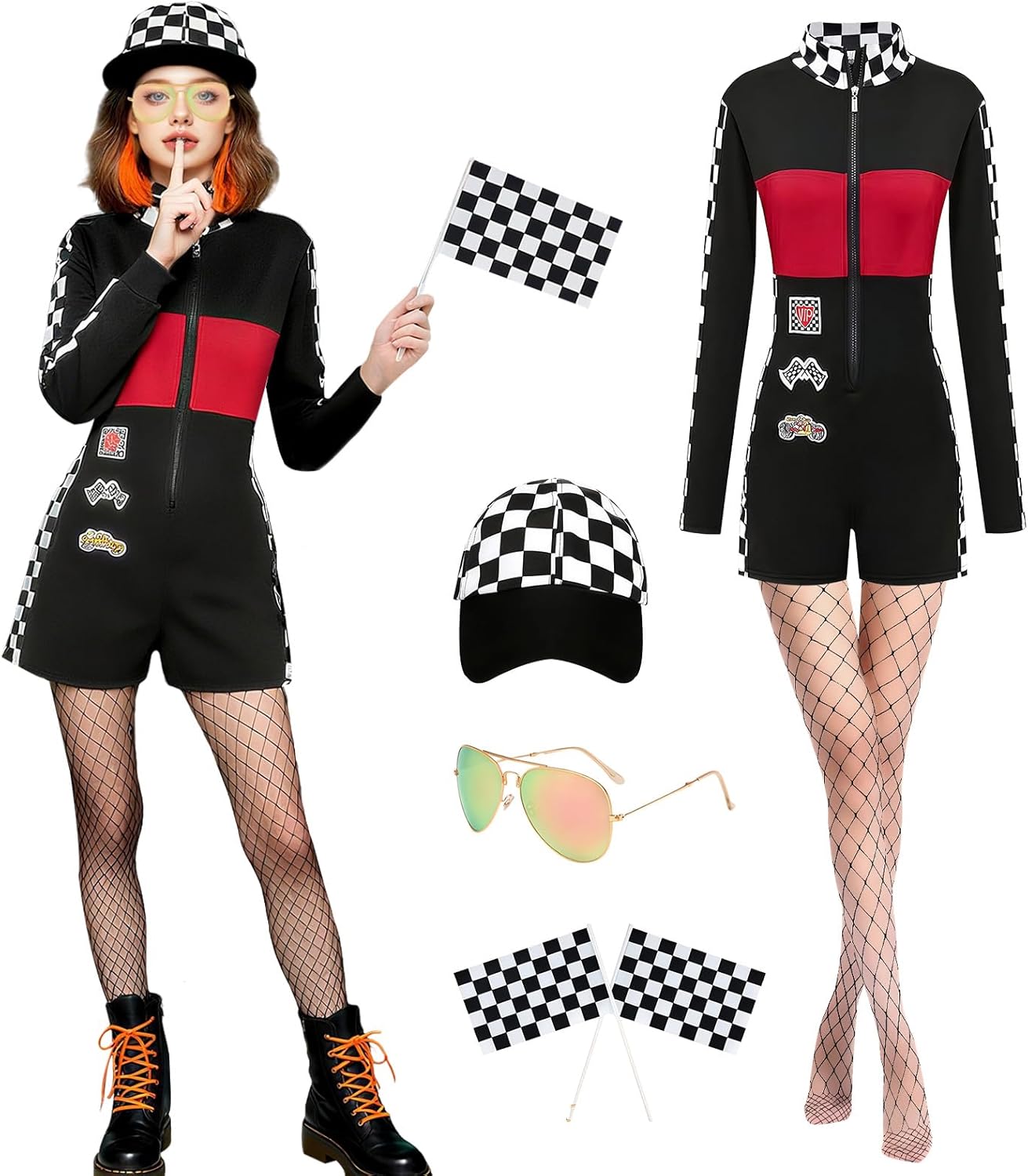 6Pcs Race Car Driver Costume Women Racecar Bodysuit Pit Crew Outfit Sexy Halloween Dress Up Adult - Image 2