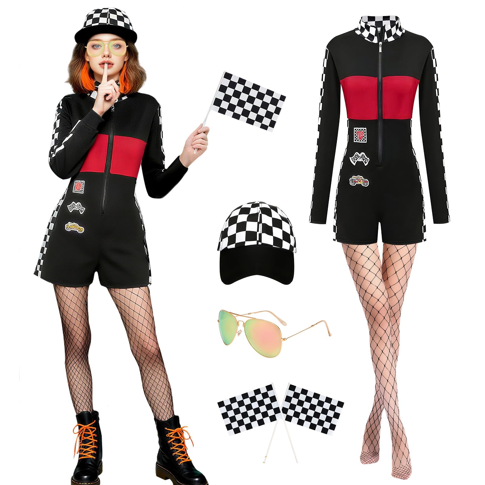 nezababy Costume de pilote de voiture de course 6 pièces pour femme - Body de pilote de course - Tenue sexy d'Halloween pour adulte