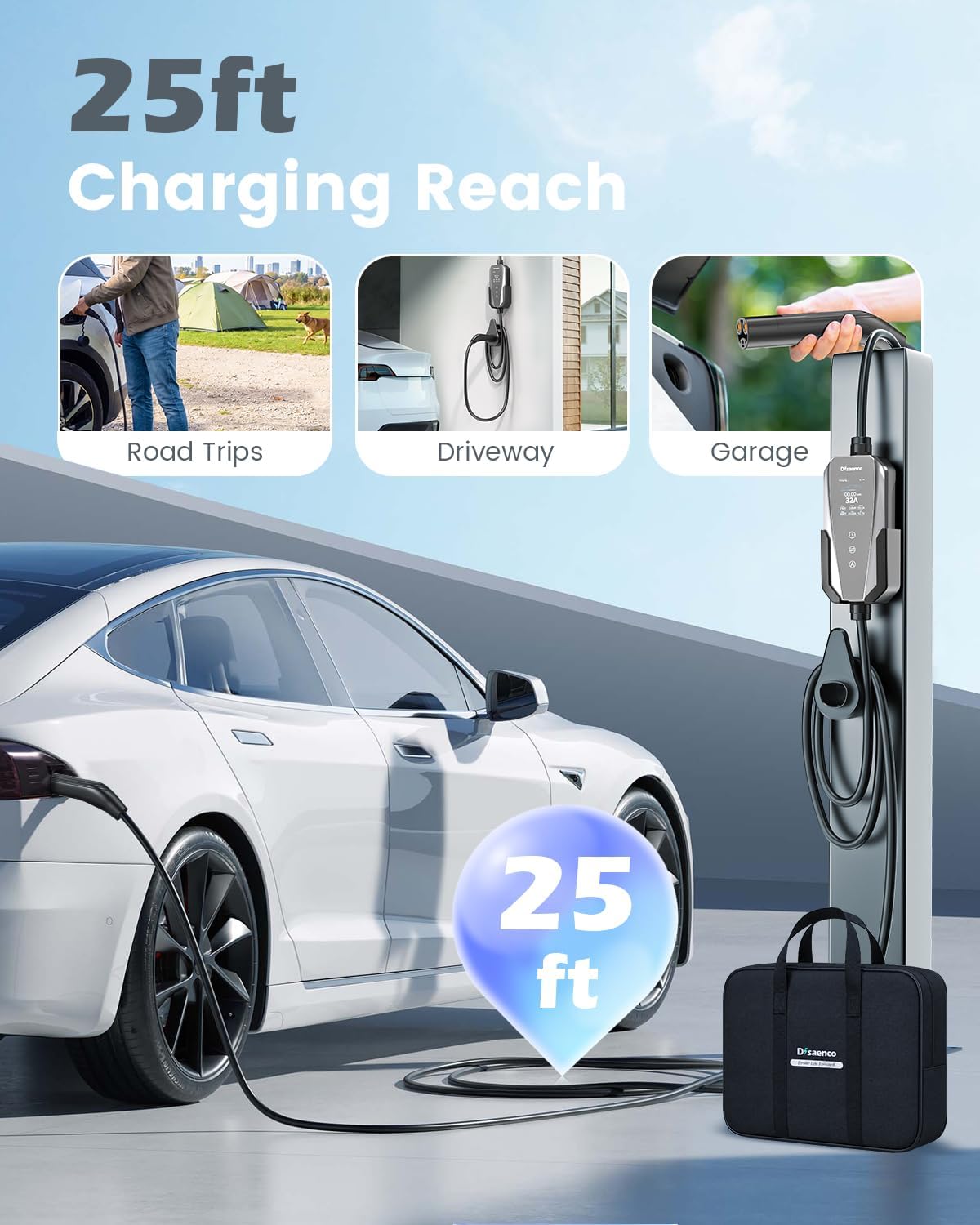 Portable Level 2 EV Charger, 32A, NEMA 14-50, 25 ft, NACS