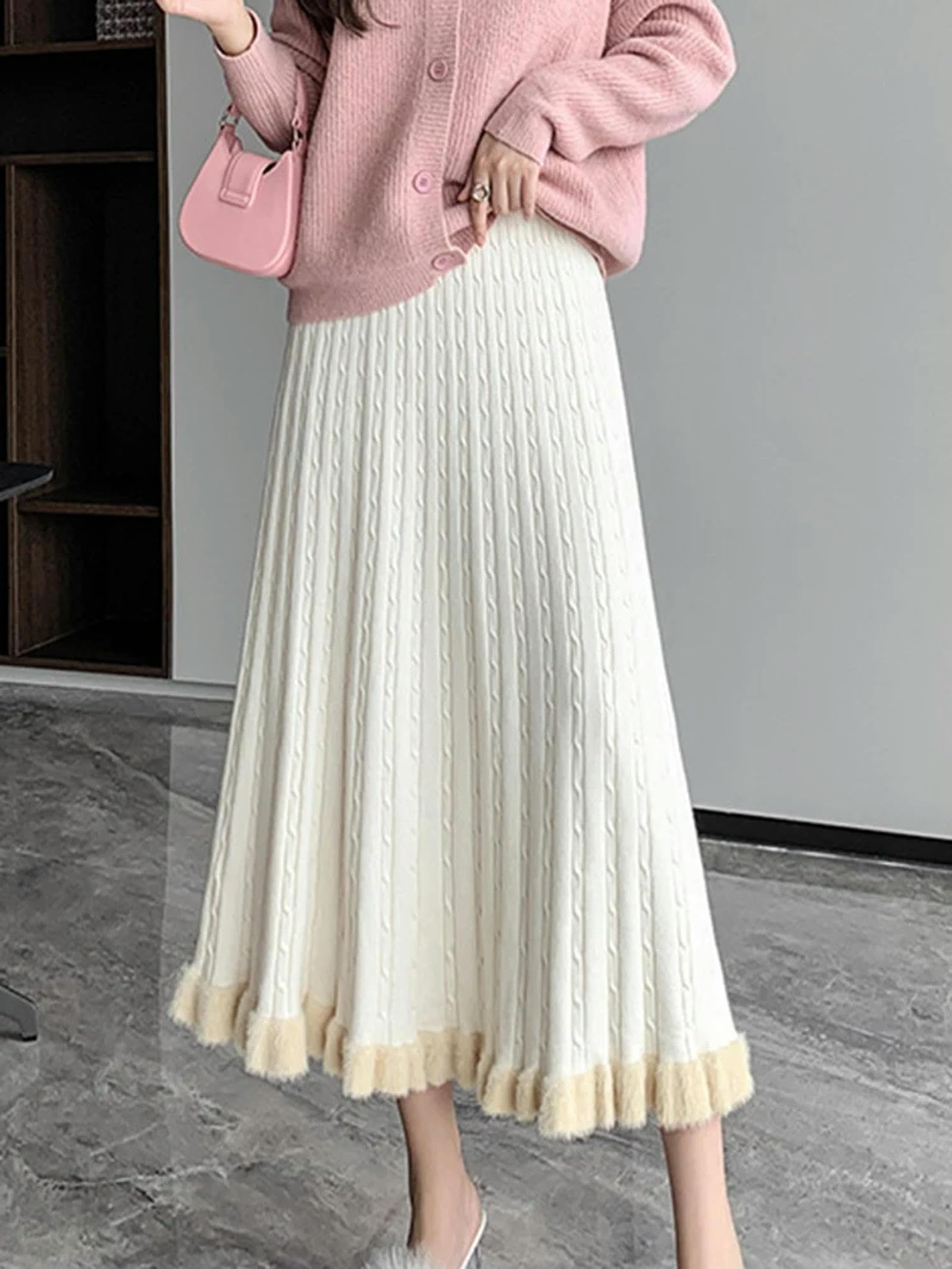 MdybF Czarna spódnica dzianinowa długa spódnica damska zimowa ciepła spódnica midi elegancka na co dzień moda wysoka talia spódnica o linii A