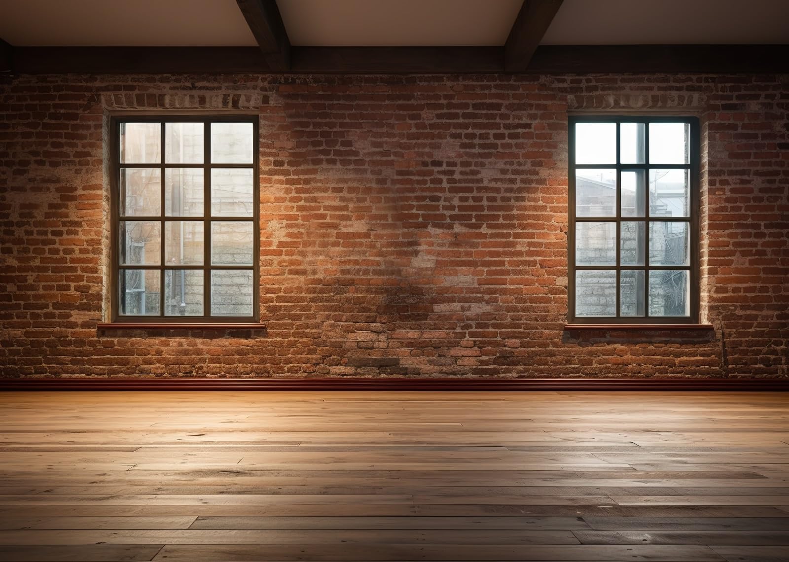 Loccor 7x5ft Fabric Empty Room Backdrop Modern Interior Room Wooden Floor and Vintage Brick Wall with Window Background for Home Office Wall Decor Video Conference Zoom Photo Props