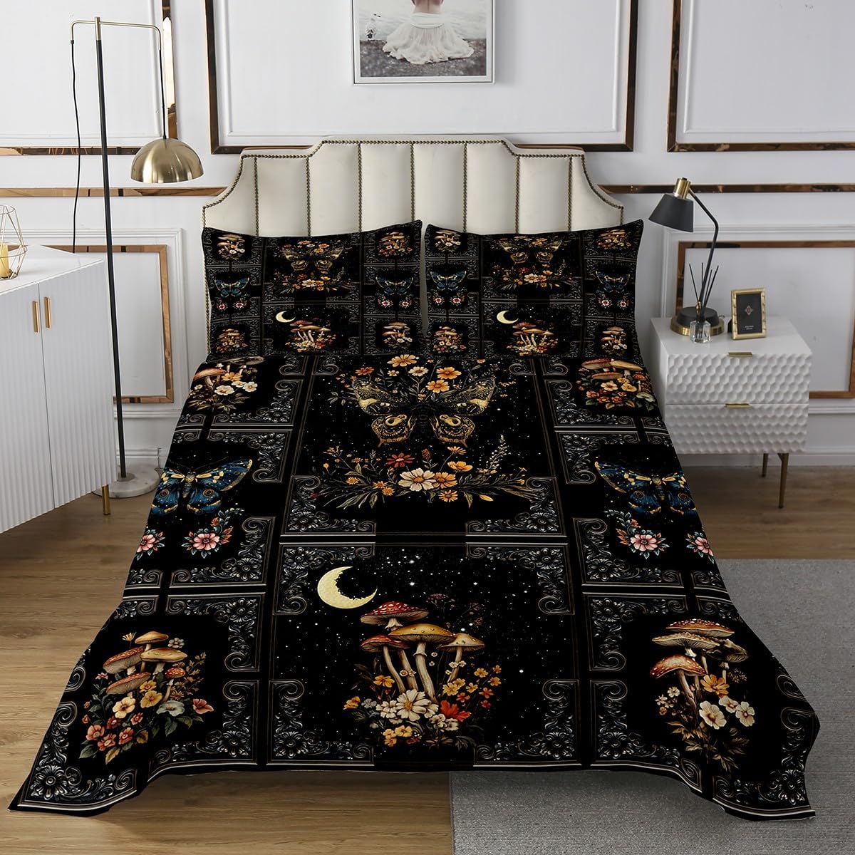 Castle Fairy Gothic Moth Bedspread King Size,Colorful Mushroom Butterfly Floral Quilt Set with 2 Pillowcases,Vintage Baroque Black Lace Plaid Microfiber Coverlet Set for Children Adult,Breathable