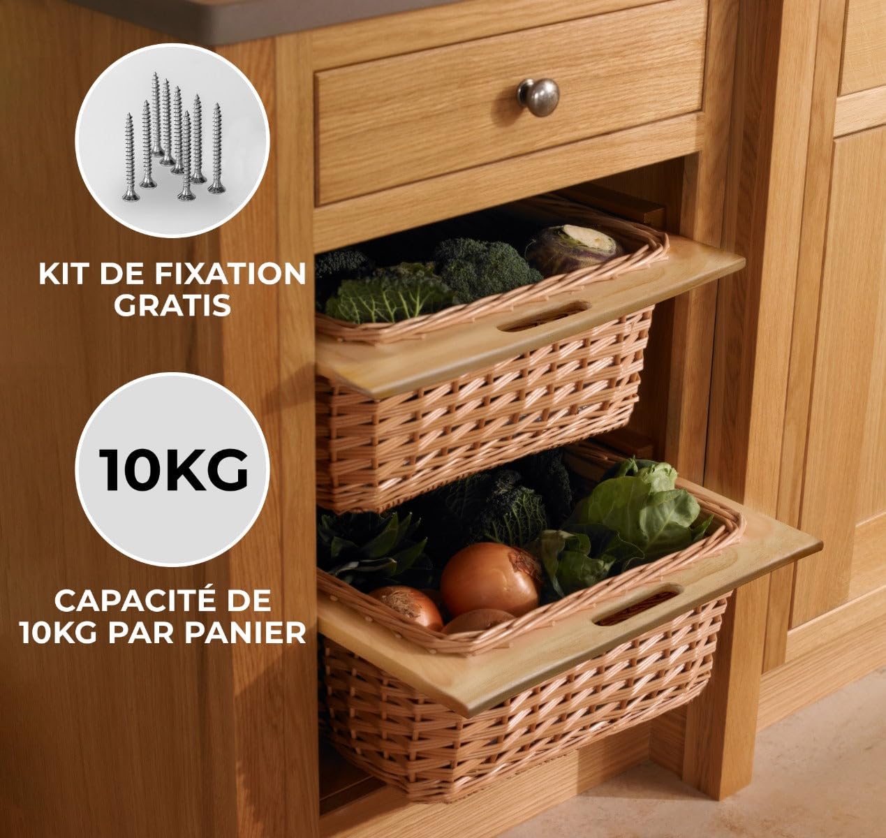 Cestelli Estraibili in Vimini per Cucina Cassetti Organizzazione Credenza Cesto in Vimini con Telaio e Binari in Legno di Faggio per Dispensa da 50cm Organizza Unità 50 cm con Viti GRATIS - 2 Cesti