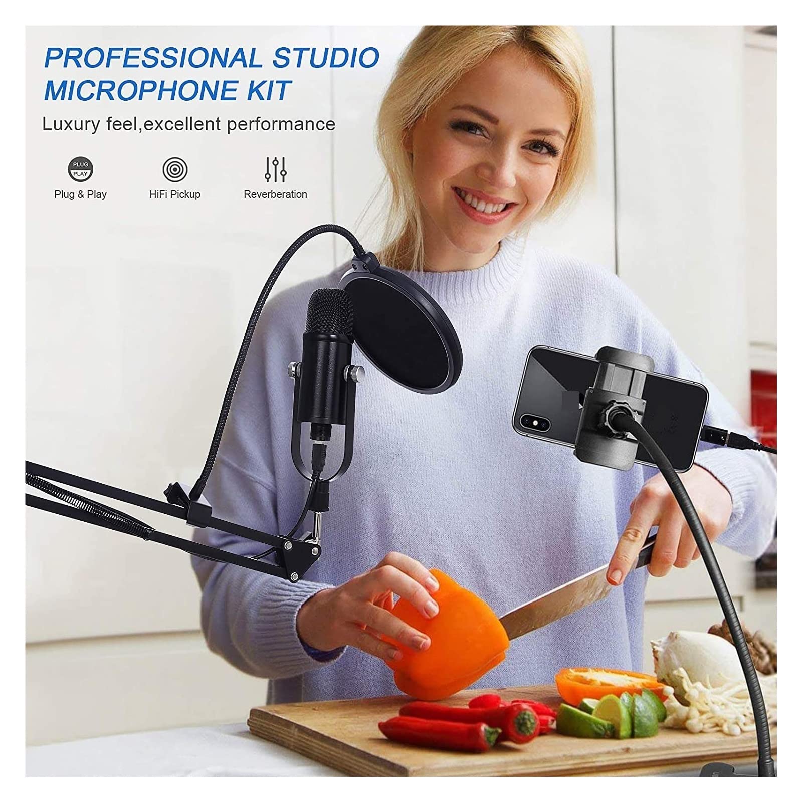 USB Condenser Microphone Compatible with PC Compatible with Phone Karaoke Youtube Studio Recording Podcast with Adjustable Arm Stand Shock Mount Mikrofon
