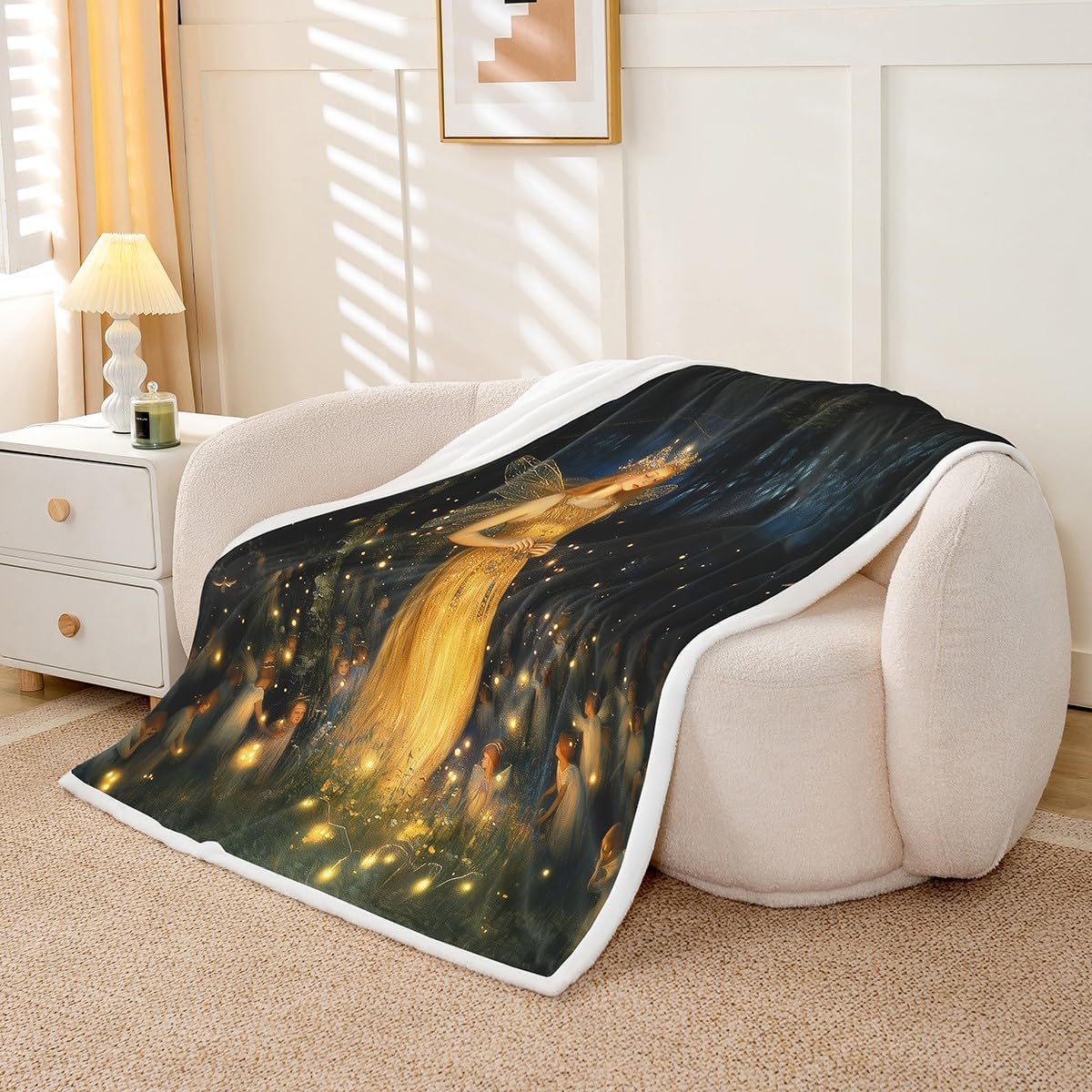 Butterfly Fairy Flannel Blanket,Firefly Animal Trees Grass Print Fuzzy Blanket for Children Present,Natural Princess Oil Painting Polyester Throw Blanket for Couch, Twin Size (60 x 80 Inch)