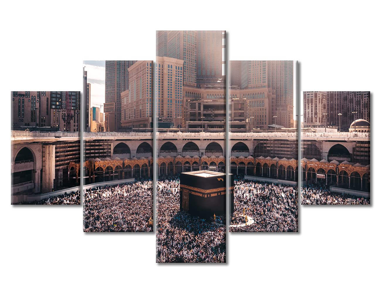 BPA 5 Panel Canvas Wall Art Mecca Mosque Wall Paintings Muslim Pictures for Bedroom Mecca Saudi Arabia Home Decor for Living Room Giclee Framed Ready to Hang Posters and Prints (60''Wx 40''H)