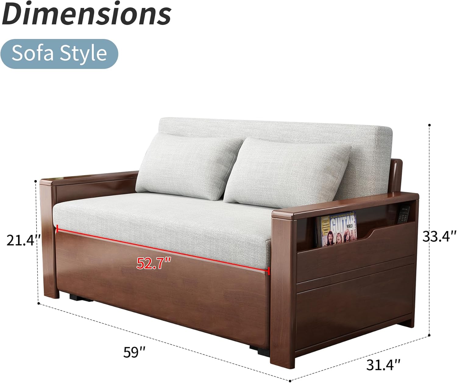 59" Convertible Sofa Sleeper with Storage,Grey Cushion Sectional Sleeper Sofa with Reversible Chaise,Solid Wood Sofa Bed 3 in 1 Pull Out Couch Bed for Living Room,Apartment (Walnut (Color))