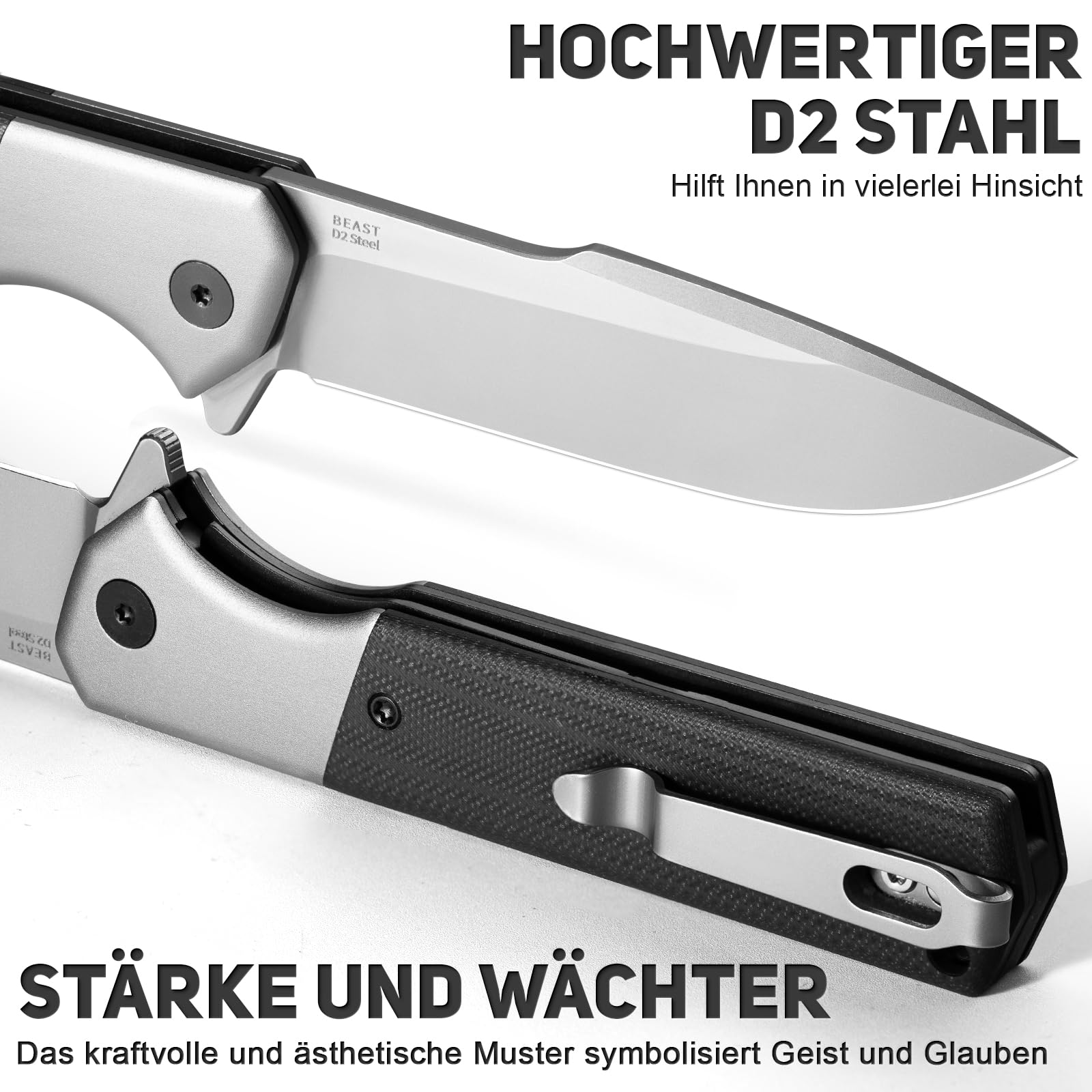 NedFoss BEAST Klappmesser, Klingenlänge 10cm aus D2 Stahl Taschenmesser mit G10 Griff, Einhandmesser mit Liner Lock & Kugellager, Outdoor Messer mit Clip, Survival Messer für Sammlung & Geschenk