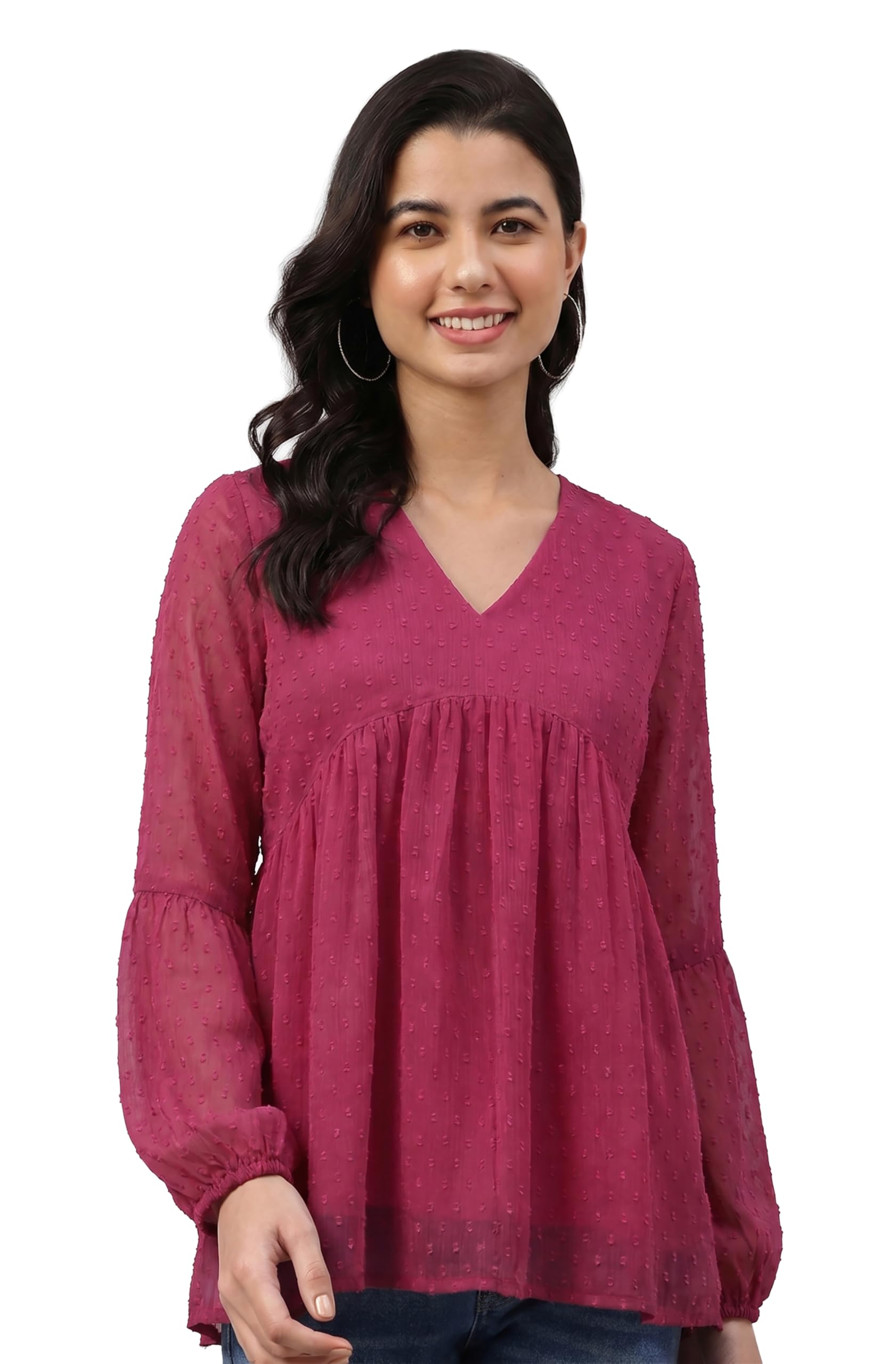 janasya Women's Pink Dobby Chiffon Solid Gathered A-Line Top-picture-37