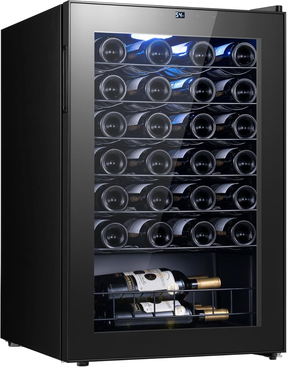 Yeego Wine Fridge – 46 Bottles Wine Cooler, 38–65℉ Digital Control with Double Glass Door & LED Light, Freestanding Wine Fridge Under Counter for Home Bar and Kitchen
