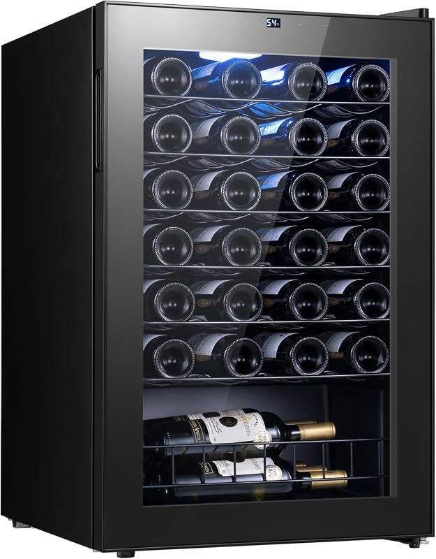 46 Bottle Wine Fridge, 38-65°F Wine Cooler Refrigerator | Under Counter, Freestanding Wine Cooler with Glass Door, Touch Temperature Control and LED | For Red, White Wine, Champagne