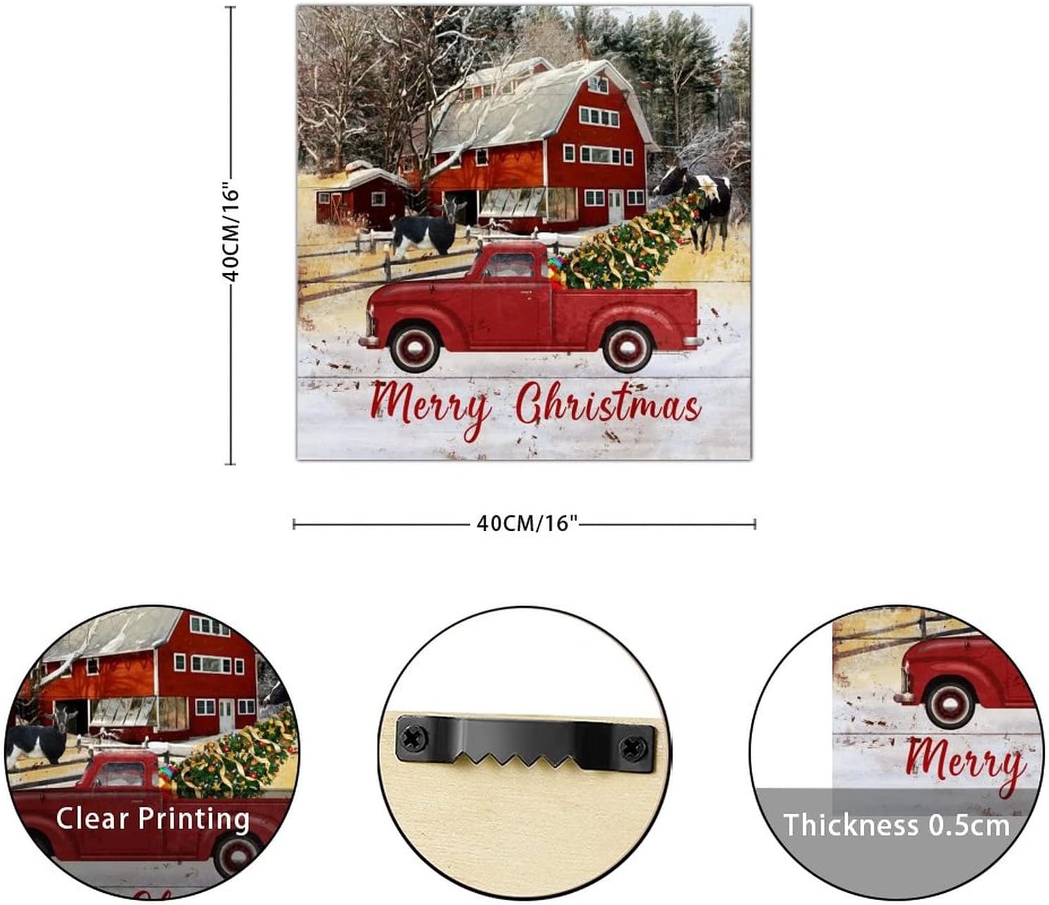 Merry Christmas Farm Barn Wood Signs Farm Sheep Cow Red Truck Door Sign Classic Holy Night Wooden Wall Art Decorative For Home Room Office Garden Kitchen Housewarming Gift 16x16in
