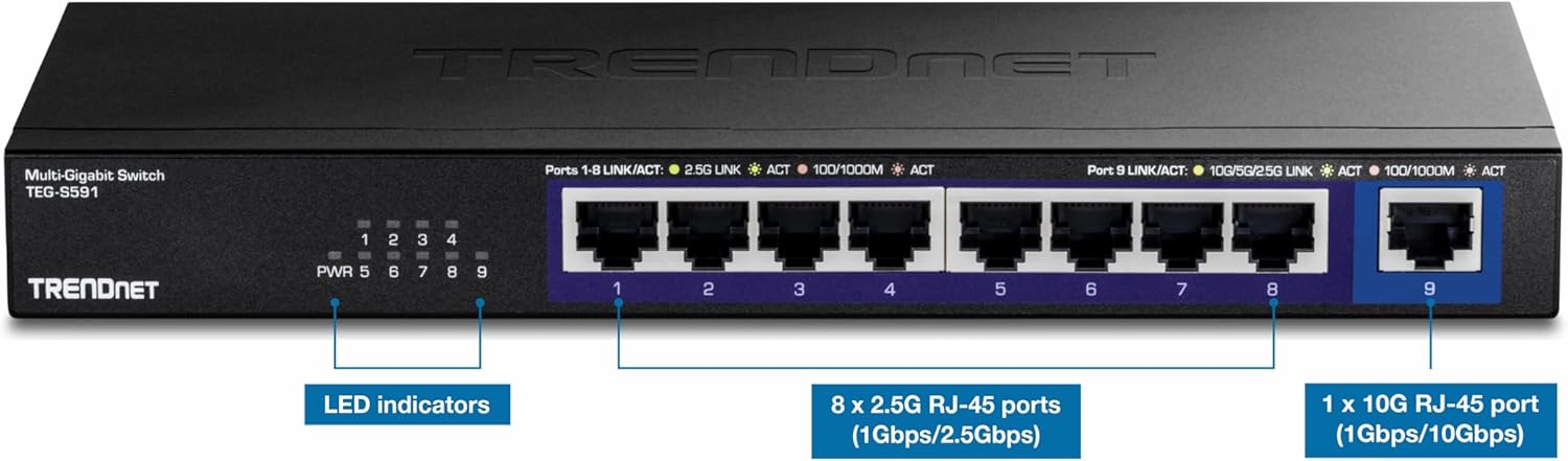 TRENDnet 9-Port Multi-Gig Switch, TEG-S591, 8 x 2.5G RJ-45 Ports, 1 x 10G RJ-45 Port, 60Gbps Switching Capacity, Ethernet Splitter, NDAA & TAA Compliant, Lifetime Protection, Black