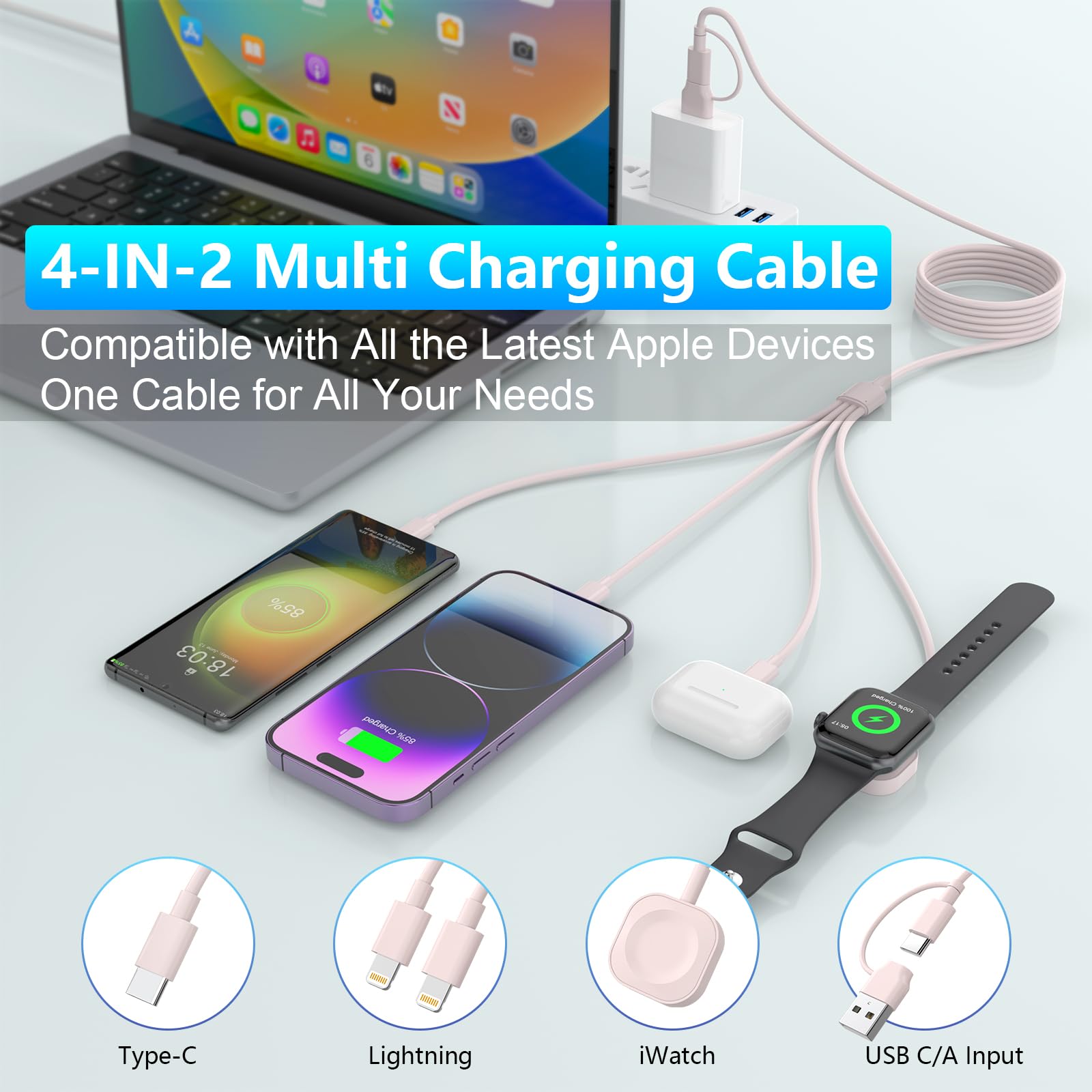 [MFi Certified] 4 in 2 iWatch & Phone Charger Cable - 10FT/3M 3 Charger iPhone Watch airpods Charger for iWatch Fast Charging Cord, Travel iPhone and iWatch Charger for Apple Watch/iPhone/AirPods