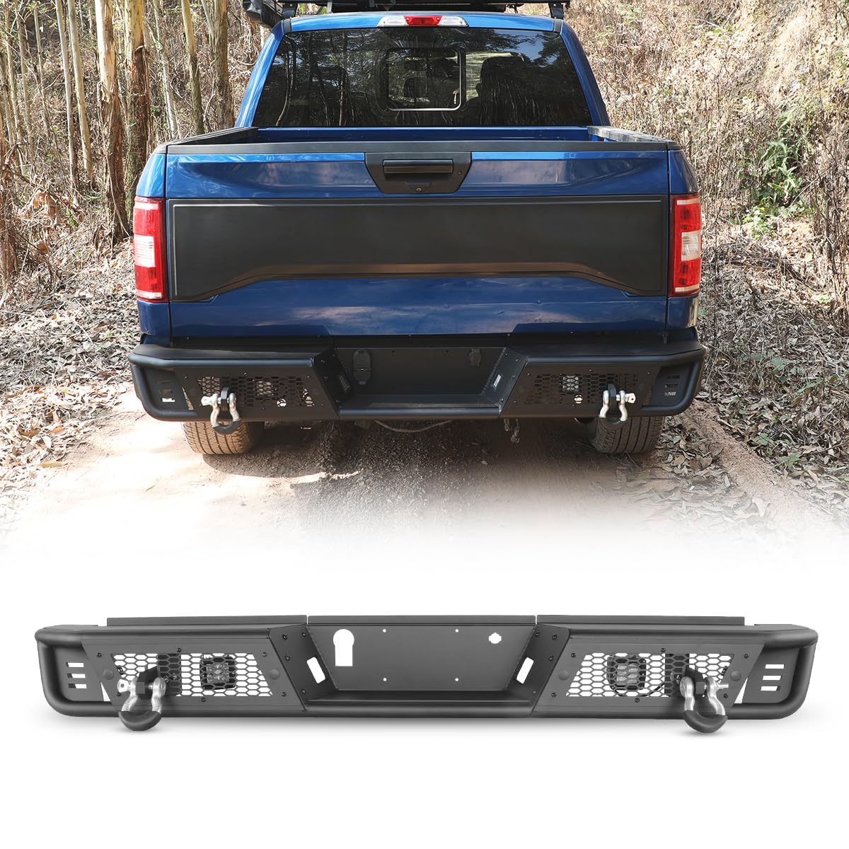 ROXX Rear Bumper Fit for 2015-2020 Ford F-150, Heavy Duty Off-Road Back Bumper Guard with Decorative Bezel & Integrated Steps & Shackles & 2x LED Light & 2x D-Rings & Licence Lamp & Sensor Holes