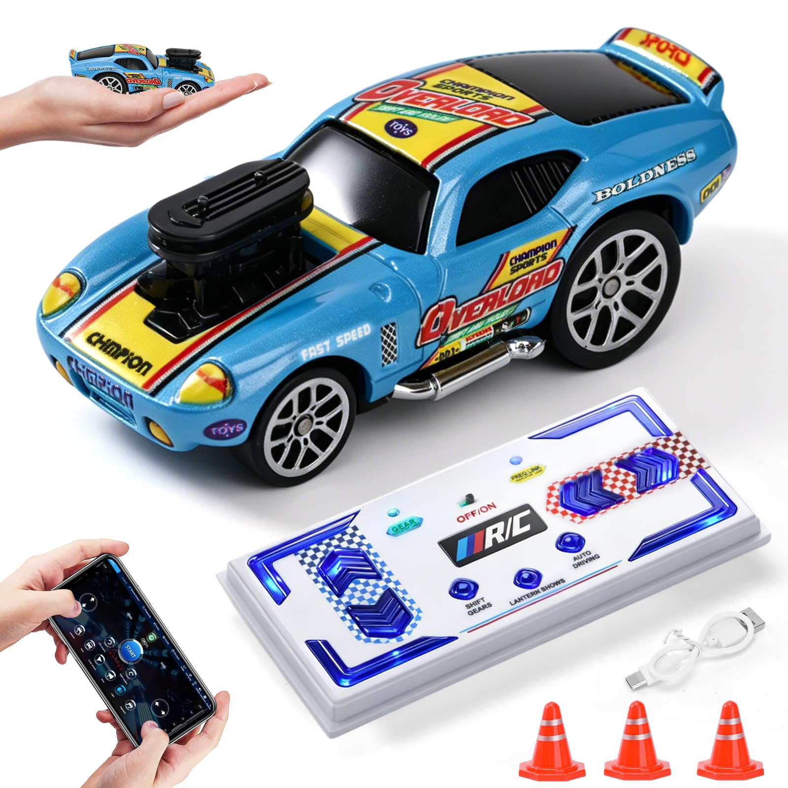 Mini Auto RC Drift 1:64, Auto Telecomandata con 3 Velocità, Tipo-C, 2,4 GHz + App Bluetooth, Carrozzeria in Lega Trazione Posteriore, Regalo per Bambini dai 6 Anni (Blu)
