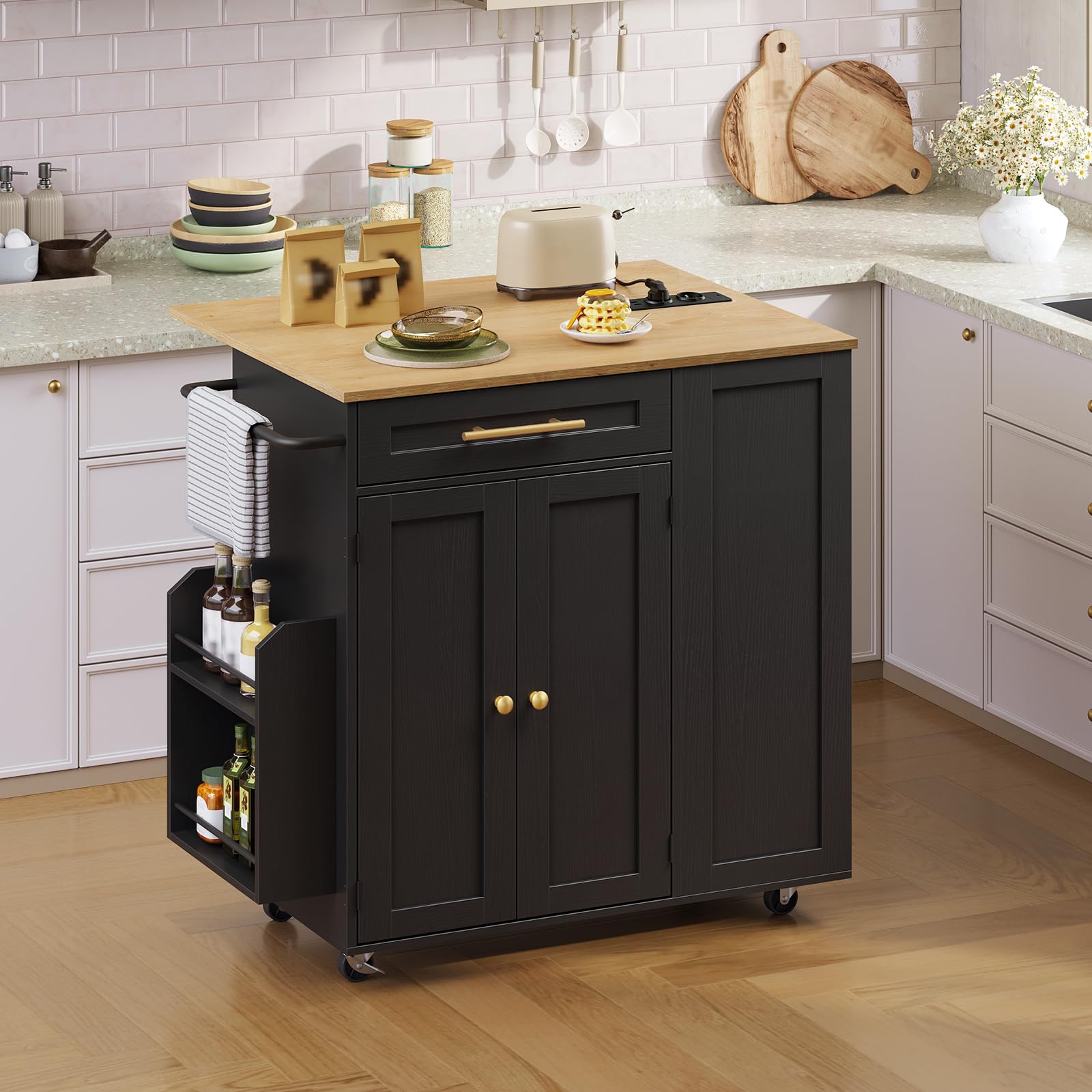 Isola da Cucina con Piano Estensibile, Carrello da Cucina Mobile con Stazione di Ricarica, Doppie Ruote Bloccabili, Ripiano Regolabile e Cassetto, per Piccoli Spazi (Nero, Colore Naturale)