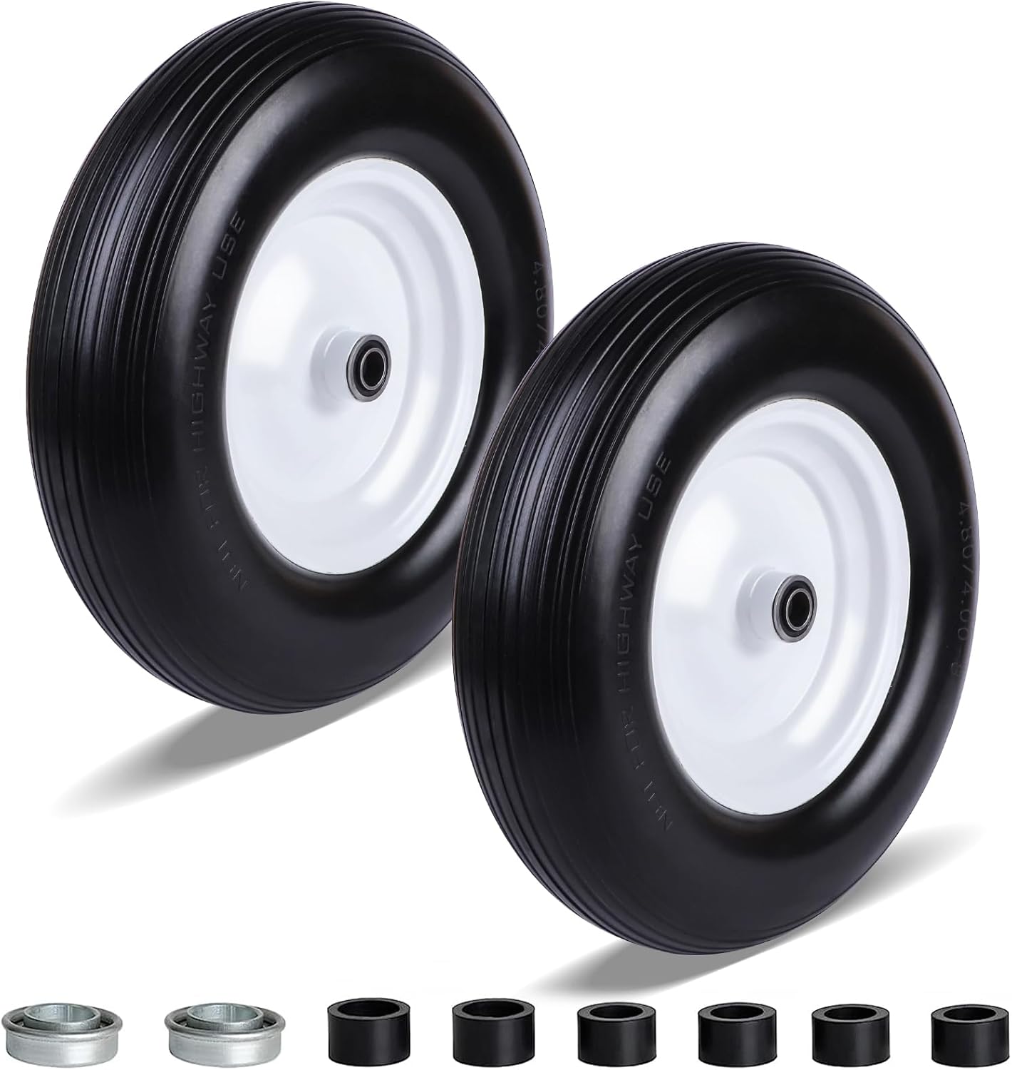 Eazy2hD 2 Pack 4.80/4.00-8 Flat-Free Wheelbarrow 16" Solid Rubber Wheel Barrel Tires Non-Slip Center Hub 3.25"-6", Installed 3/4" Bearing with Extra 5/8" Bearing for Yard Garden Wagon