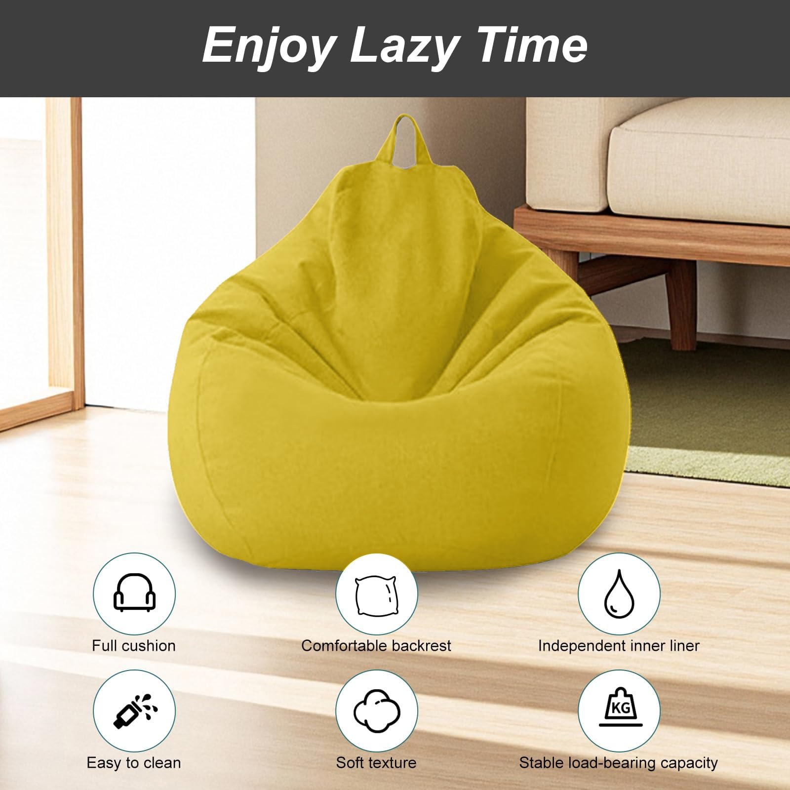 Poltrona Sacco Bambini e Adulti, 100x120 CM Bean Bag (Senza Imbottitura), Pouf Morbido Sacco con Chiusura Lampo,Antipolvere Fodera per Poltrona a Sacco, adatto Soggiorni, Camere (Giallo)