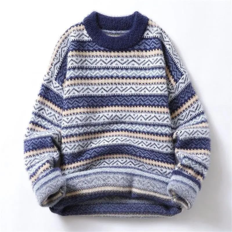 Men Autumn Winter Striped Thick Warm Knitted Sweater Youth Casual Round Neck Long Sleeve Loose Pullovers4