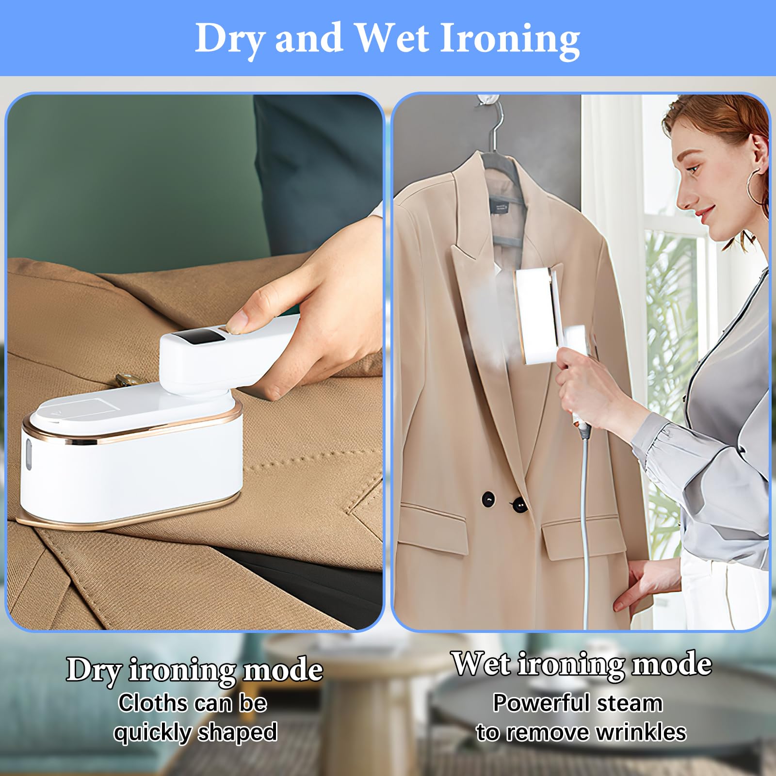 Steam Iron Travel Steamer with LCD Screen, 10S Fast Heat-up 2000W Steamer Clothing with 180° Rotatable Handle, Portable Handheld Clothes Steamer, 3 Steam Levels for Travel, Home, Office Y