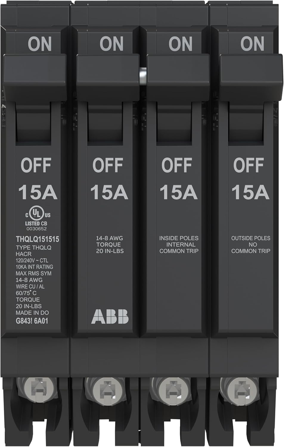 ABB Q-Line® THQLQ151515 Quad Circuit Breaker • 15A/1P, 15A/2P, 15A/1P Configuration • 120/240 VAC • 10 kAIC Interrupt Rating • Thermal Magnetic Plug-On Breaker for Load Centers