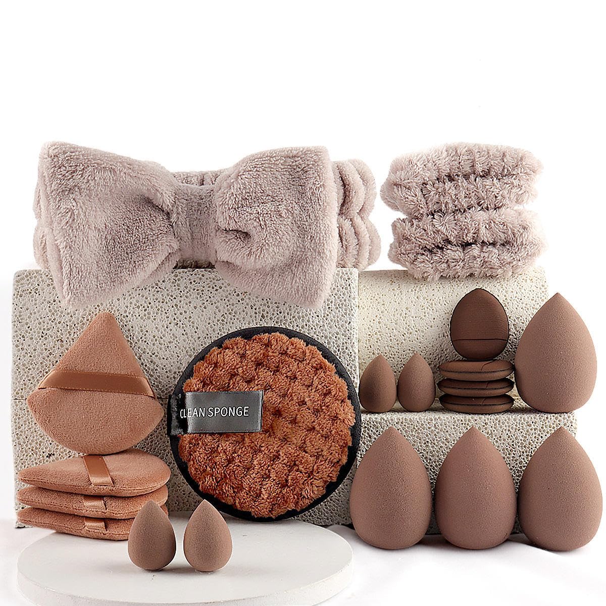 Korean Makeup Sponge Puff Blender Kit (20 Pcs) | Non-Latex Ultra Soft Beauty Blender Set | Includes Big & Mini Makeup Sponges, Makeup Puffs, Finger Puff, Cleaning Sponge, Plush Bow Headband & Hair Bands-picture-29