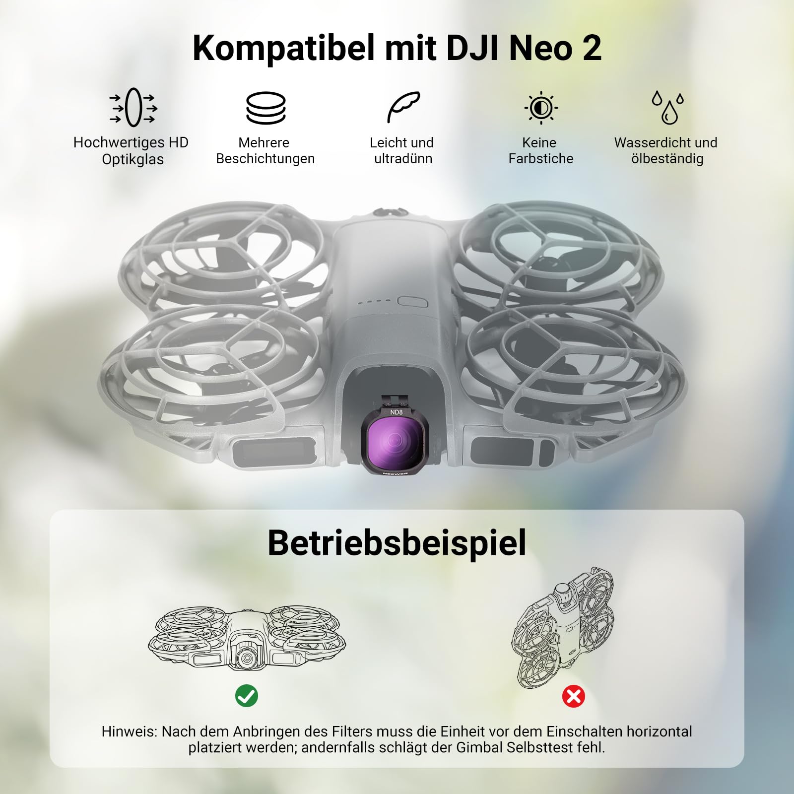 NEEWER UV + CPL + ND Filter Set kompatibel mit DJI NEO 2 nur, 6er Pack Snap On Zubehör Kit für Drohnen Kameraobjektive, Graufilter (ND8/16/32/64) zirkularer Polarisationsfilter Polfilter, FL-N71