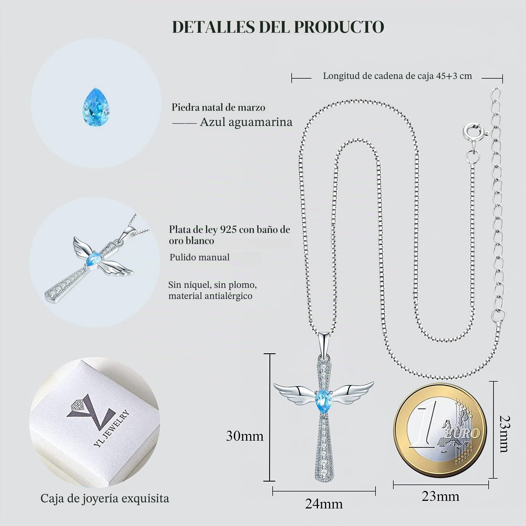 YL Collar con una cruz Ala de ángel Plata de ley 925 12 Piedras de nacimiento Circonita Colgante de ángel de la guarda para mujer, Cadena 45 + 3 CM