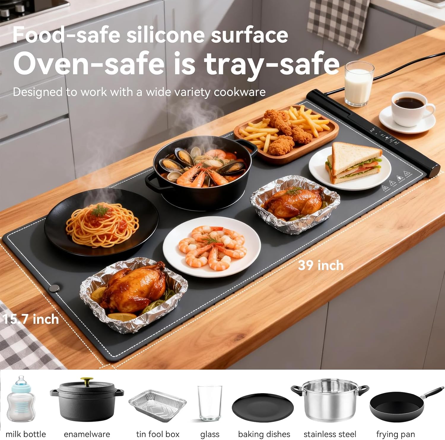 Warming Mat For Food Extra Large 39 * 16inch, Electric Silicone Food Warmer Trays for Chafing Dishes Buffet, Food Warming Mat for Parties Buffet, Portable Heating Pad, 7-Level Temp 8-Hour Timer, Grey