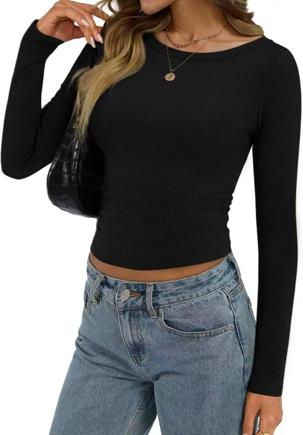 Women's Boat Neck Long Sleeve Ribbed Tops Fitted Basic Shirts Soft Stretch Slim Going Out Tops - Image 6