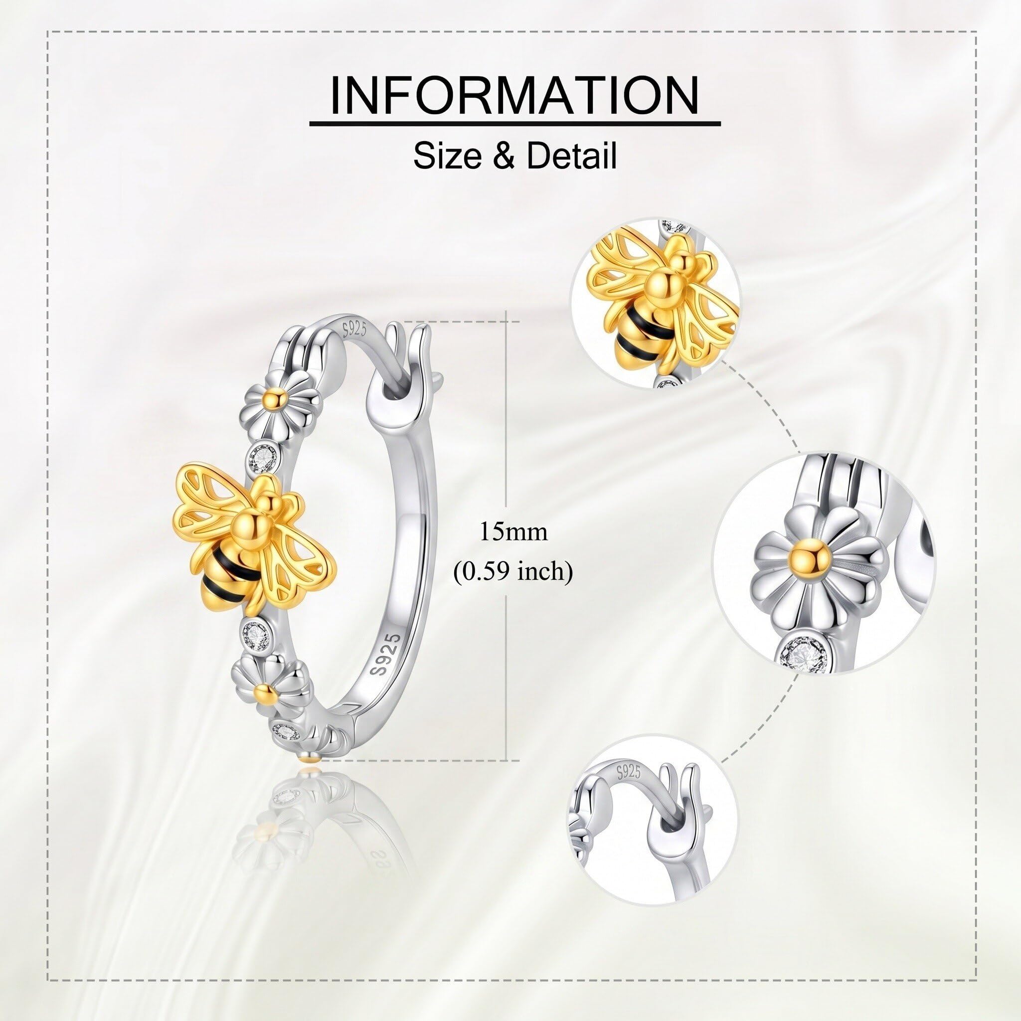 Pendientes de aro de margaritas de abeja de plata de ley 925, abejas, joyas de cumpleaños, regalo diario para mujeres