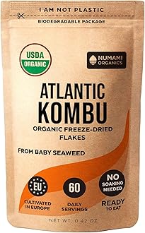 Organic Kombu Kelp Flakes - Young Baby Seaweed Grown in North Atlantic, Premium Quality Freeze-Dried for higher vitamin content. Soft Texture & Mild Taste. ½ tsp for daily vitamins. 60 Servings