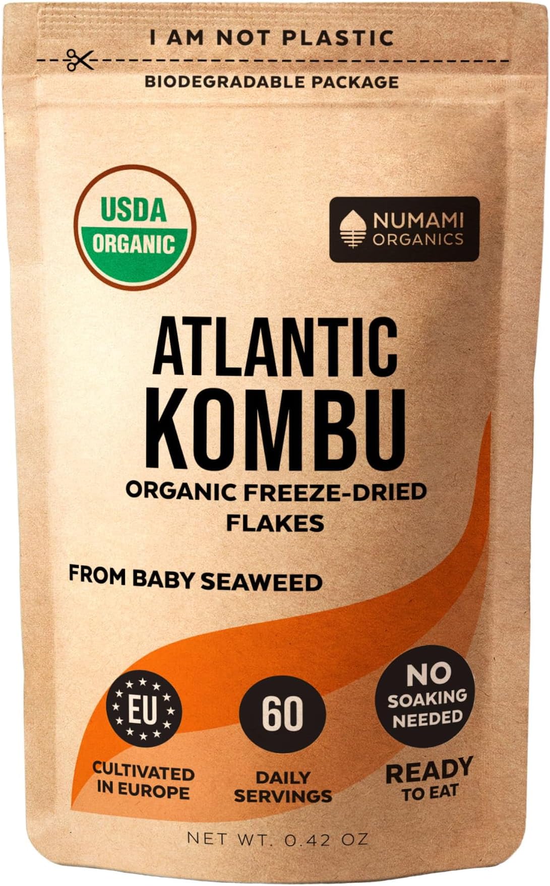 Organic Kombu Kelp Flakes - Young Baby Seaweed Grown in North Atlantic, Premium Quality Freeze-Dried for higher vitamin content. Soft Texture & Mild Taste. ½ tsp for daily vitamins. 60 Servings