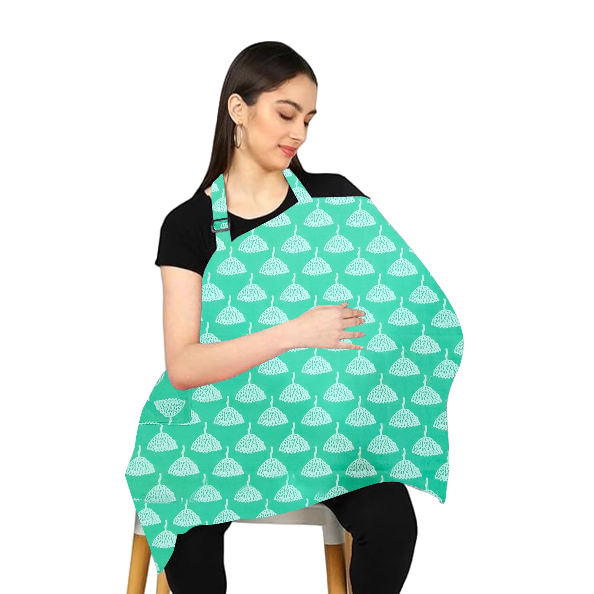 ZIKKU 100% Cotton Nursing Cover for Breastfeeding, Soft and Breathable, Feeding Apron/Cover for Nursing Moms, Lightweight and Comfortable Maternity Breastfeeding Cover with Mobile Pocket (Mint Green Color with Floral Design)-image-12