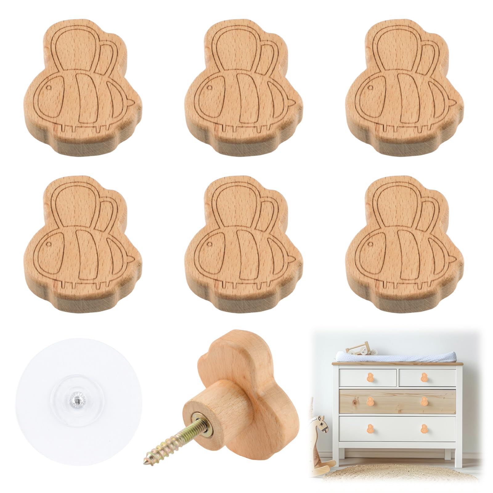 MOROBOR 6PCS Bees Shaped Wooden Knobs, Single Hole Beech Wood Handles Cute Cabinet Pull Knob for Chest of Drawers with Screws & Expansion Tube — image 1