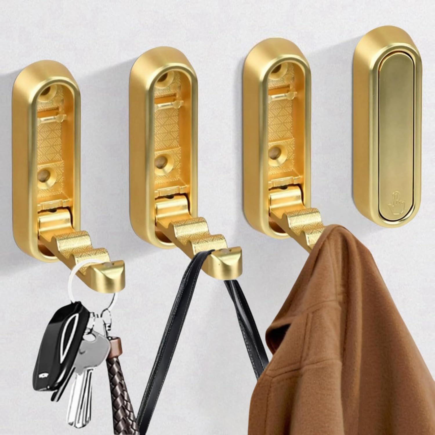 4 Pack Foldable Wall Hooks, Folding Coat Hook Mount, Gold Hooks for Hanging Towels, Coats, Hats, Keys, Fold Up Hook for Bathroom Bedroom Kitchen