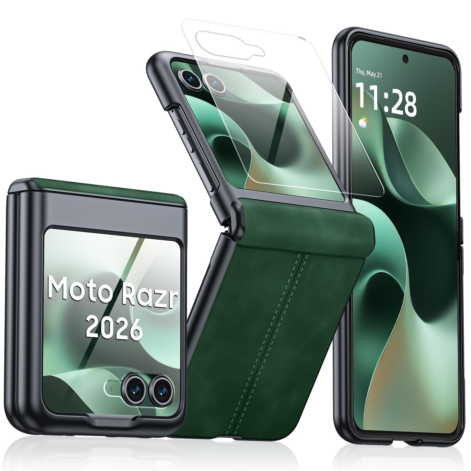 for Motorola Razr 2026 Case with Hinge Protection &amp; Built-in Outer Screen Protector, Ultra-Thin PU Leather Matte PC Shockproof Cover, Slim Protective Phone Case for Moto Razr 2026-Green