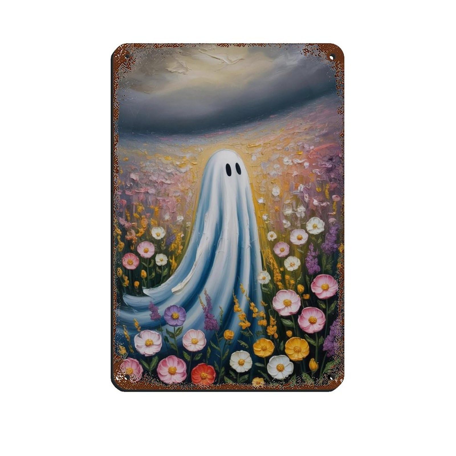 Ghost in The Wildflower Poster, Spooky Art (4) Retro Poster Metal Tin Sign Chic Art Retro Iron Painting Bar People Cave Cafe Family Garage Poster Wall Decoration 8x12inch(20x30cm)