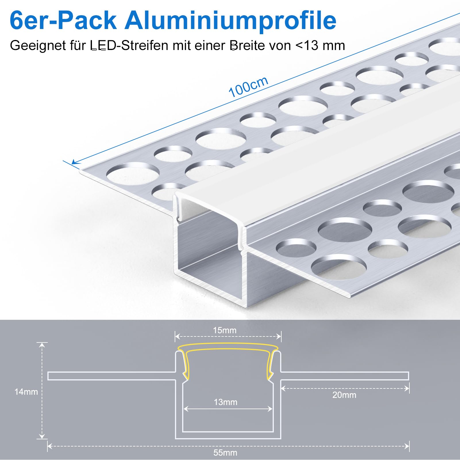 LED Trockenbauprofil für 13 mm Streifen, 10 x 1 m Unterputz Aluminiumprofil mit milchigem Diffusor, Trimless Einbauprofil für Gipskarton, Wand und Decke, indirekte Beleuchtung (Nachrüstung)